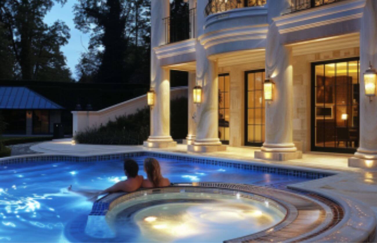 Couple enjoying their swim spa, concrete pool with heating, heating for small pools, heating concrete pools, Melbourne pool heating