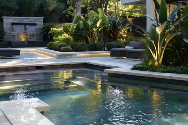 concrete spa with hardscaping design and lighting - amalfi pools